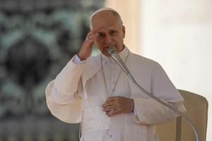 Pope Leo XIV gives his apostolic blessing at the end of the general audience in St. Peter’s Square on Nov. 12, 2025.