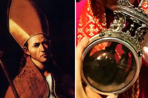 St. Januarius (left) and the relic of the blood of St. Januarius.
