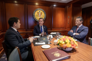 U.S. Secretary of War Pete Hegseth (at right) is shown here during a meeting with U.S. Secretary of State Marco Rubio (at left) and then National Security Advisor Mike Waltz (at center).