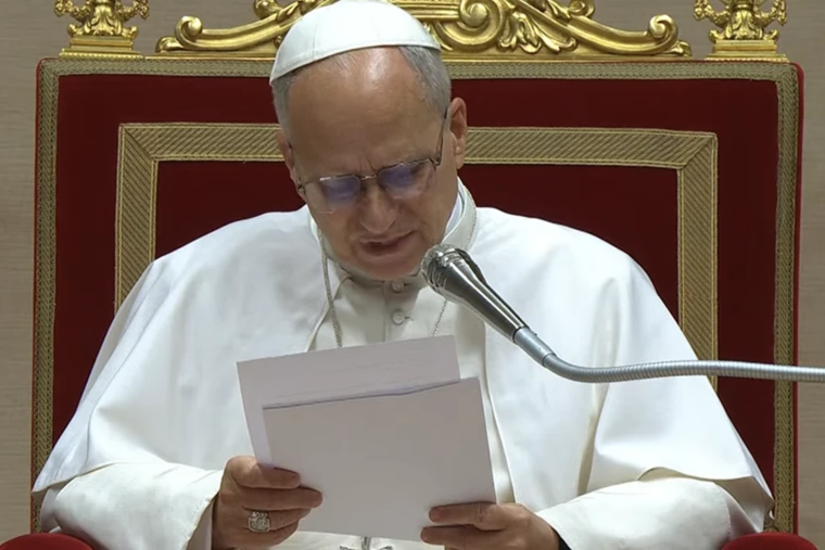 Pope Leo XIV addresses officials of the Roman Curia at the Vatican on December 22, 2025.
