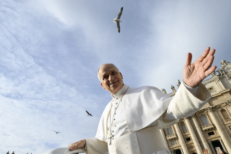 Pope Leo XIV greets pilgrims gathered in St. Peter’s Square on Dec. 20, 2025.