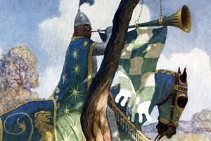 In this N.C. Wyeth illustration from ‘The Boy’s King Arthur’ (1922), the Green Knight readies himself for combat with Sir Beaumains, horn raised beneath the thorn — “and there he blew three deadly notes.”