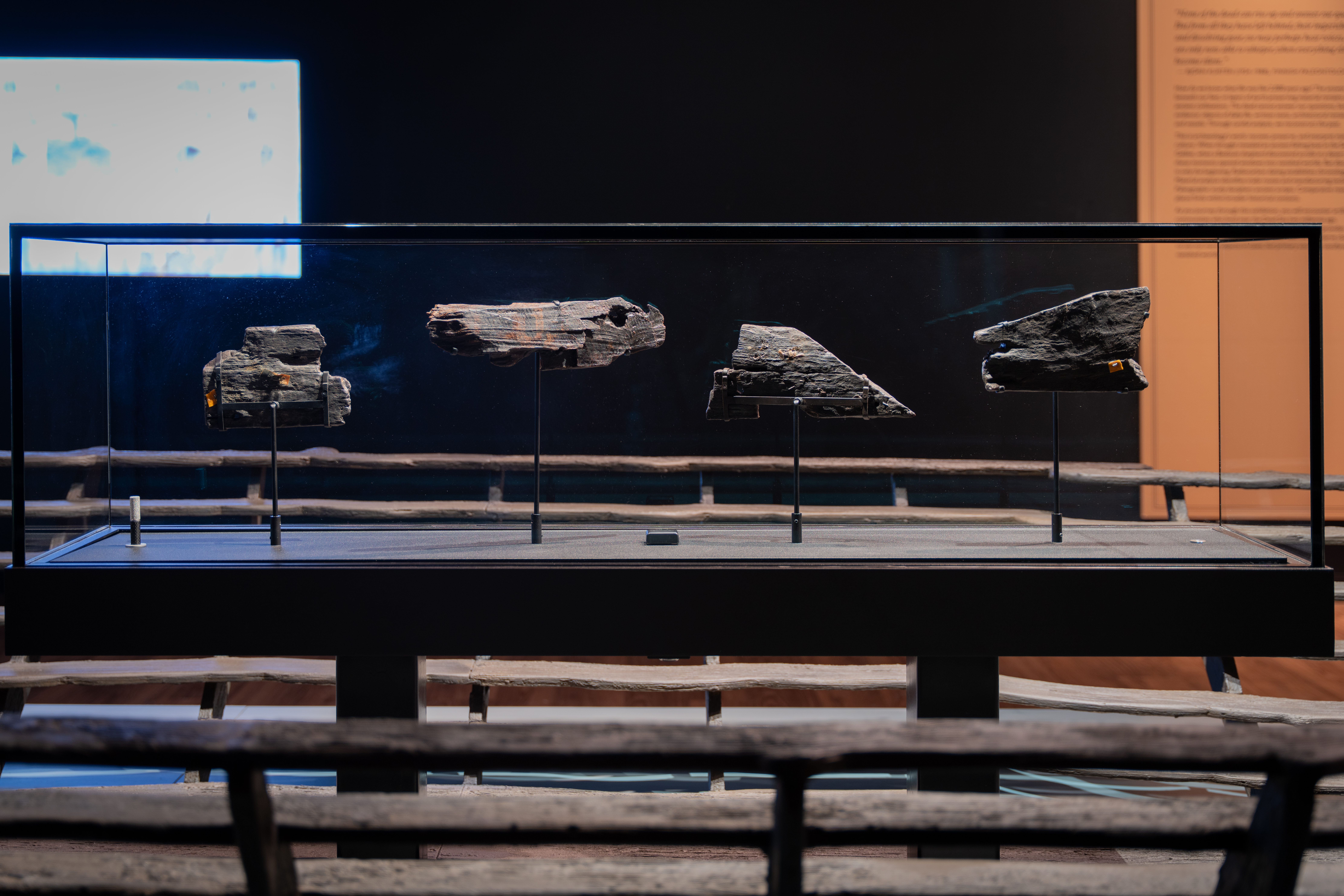 Pieces of Jesus Boat: 4 original wooden fragments from the actual Ginosar Boat (or "Jesus Boat"), preserved for centuries in lake mud. (Photo: Museum of the Bible / Israel Antiquities Authority)