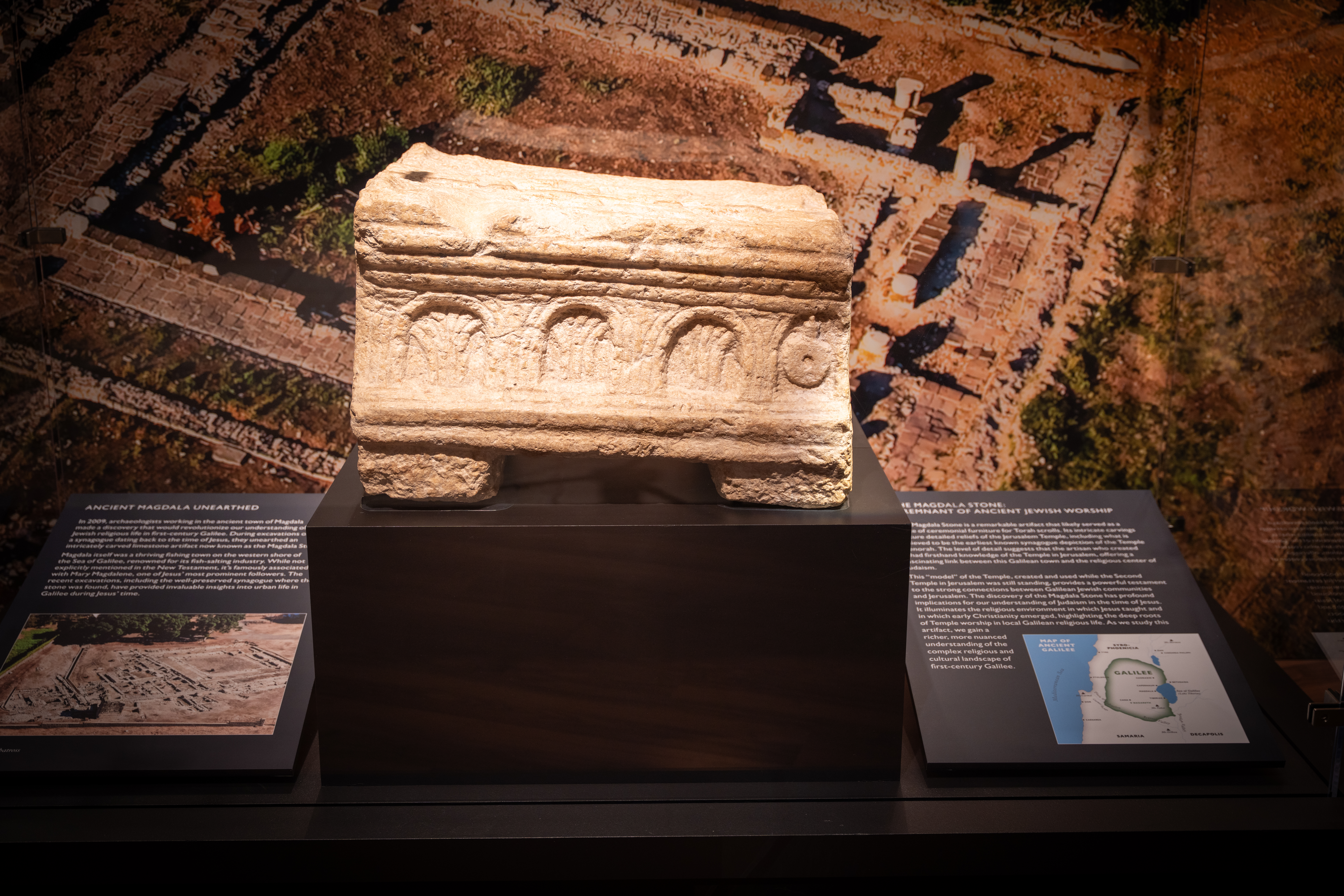 Magdala Stone 1 and 2: The Magdala Stone, a 1st-century carved limestone block found in a synagogue excavation, which depicts the Jerusalem Temple and what many scholars believe is the earliest known synagogue carving of the Temple menorah. (Photo: Museum of the Bible / Israel Antiquities Authority)