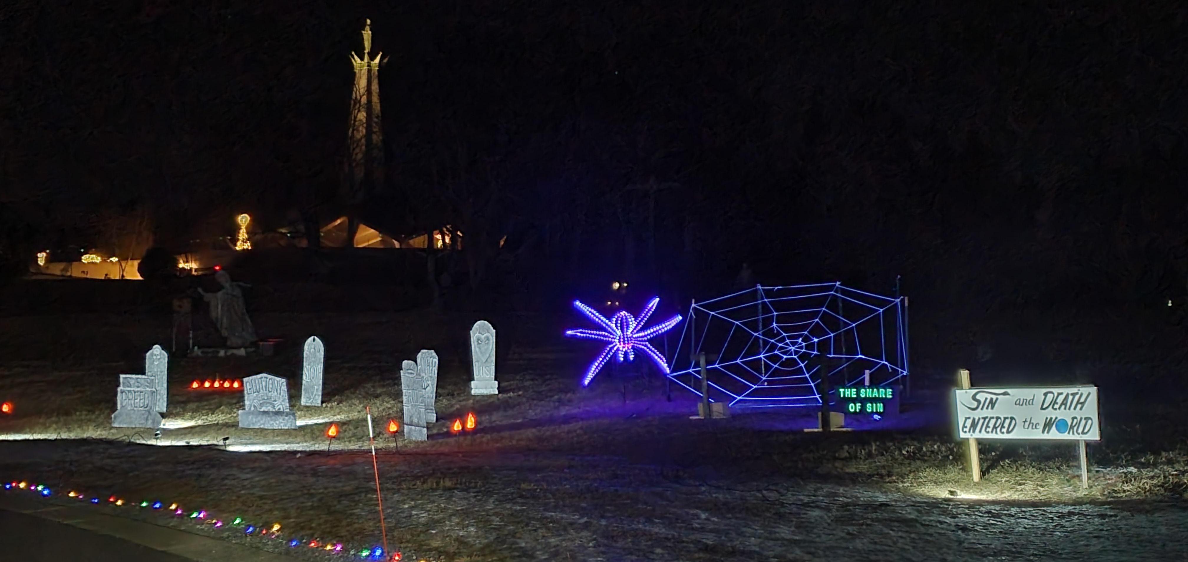 Seven Sins Display: Visitors can reflect on human frailty and the need for salvation with displays of the seven deadly sins positioned along the "Old Testament Rosary" light display. (Photo: Courtesy of the National Blue Army Shrine of Our Lady of Fatima)