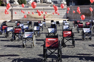 Empty wheelchairs used during the Nov. 4, 2025, anti-assisted suicide event in Rome.