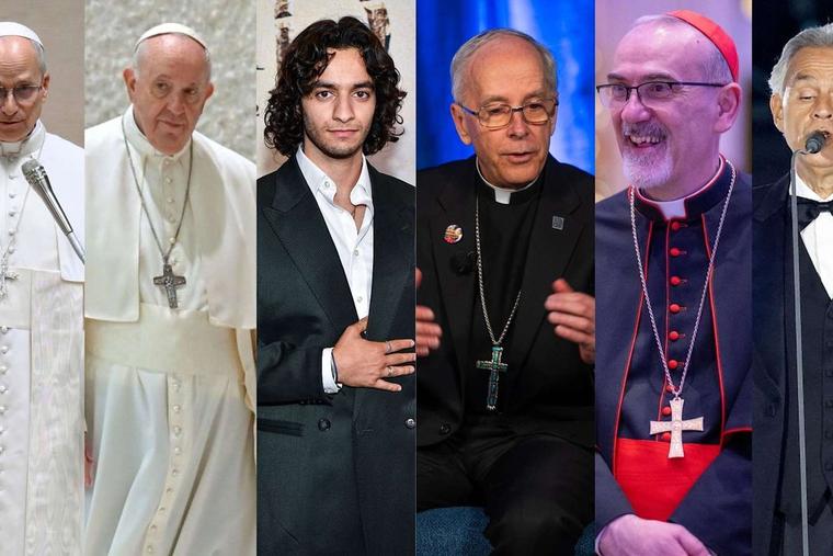 Pope Leo XIV, Pope Francis, Michael Iskander, Bishop Mark Seitz, Cardinal Pierbattista Pizzaballa, and Andrea Bocelli. 