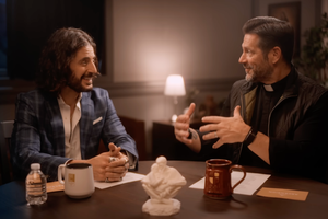 L to R: Catholic actor Jonathan Roumie and Father Mike Schmitz sit down for an in-depth interview. 