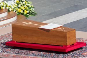 The coffin of Pope Francis rests before the altar at the funeral Mass on St. Peter’s Square, April 26, 2025.