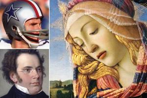 Upper left: Dallas Cowboys quarterback Roger Staubach is shown wearing the team’s Bicentennial helmet during the 1976 season. Lower left: Wilhelm August Rieder, “Franz Schubert,” 1875, Vienna Museum, Austria. Right: Sandro Botticelli, “Madonna of the Magnificat,” 1481, Uffizi, Florence, Italy.