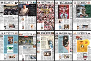 A composite image shows 10 National Catholic Register print covers from 2025.
