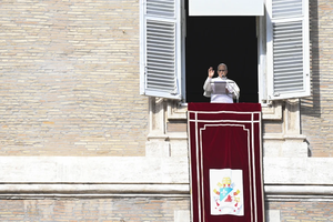 Pope Leo XIV addresses pilgrims gathered in St. Peter’s Square at the Vatican for recitation of the Angelus on Jan. 1, 2026.