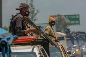 Nigerian security officers during a military operation ahead of the gubernatorial elections in Benin City, Edo, Nigeria, on Sept. 17, 2020. 