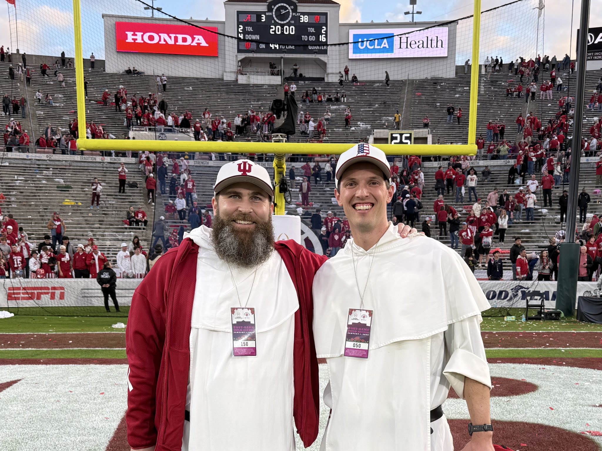 Here’s another photo (courtesy Fr. Hyde on X.) He is on the left and that’s Father Ben Keller, OP, on the right. This was taken after the Rose Bowl win yesterday for the Hoosiers over Alabama.