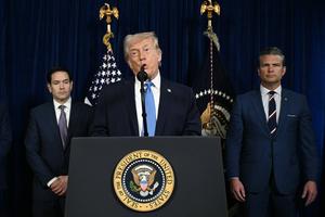 U.S. President Donald Trump delivers a press conference after the capture of Venezuela President Nicolás Maduro, Washington, D.C., Saturday, Jan. 3, 2026. 