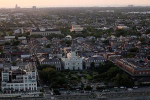 The Saint Louis Cathedral and Jackson Square are seen at sunset near the French Quarter in downtown New Orleans on April 10, 2010. 