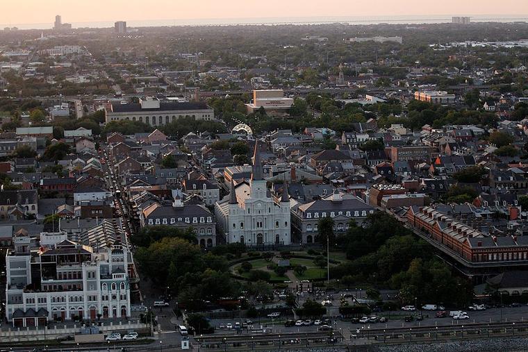 The Saint Louis Cathedral and Jackson Square are seen at sunset near the French Quarter in downtown New Orleans on April 10, 2010. 