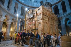 The Edicule of the Holy Sepulcher, which contains the venerated tomb, inside the Basilica of the Holy Sepulchre in Jerusalem. 