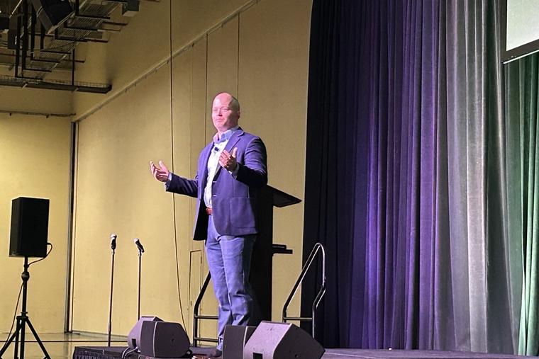 John Bishop, founder of Forge, speaks to hundreds of young men at the SEEK 2026 conference in the Diocese of Fort Worth, Texas, on Jan. 2, 2026. 