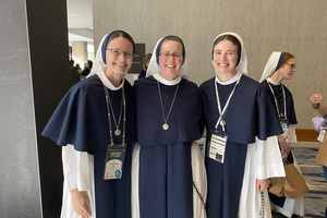 From left to right: Sister Catherine Joy, Sister Virginia Joy, and Sister Israel Rose of the Sisters of Life at SEEK 2026 in Denver.