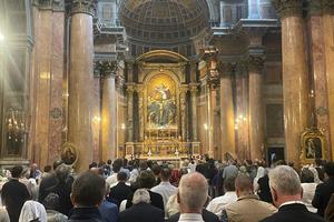 The concluding high Mass for the Summorum Pontificum Pilgrimage, an annual three-day pilgrimage for devotees of the Traditional Latin Mass, on Oct. 29, 2023, celebrated by Bishop Guido Pozzo at the Church of the Most Holy Trinity of the Pilgrims in Rome.