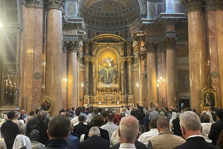 The concluding high Mass for the Summorum Pontificum Pilgrimage, an annual three-day pilgrimage for devotees of the Traditional Latin Mass, on Oct. 29, 2023, celebrated by Bishop Guido Pozzo at the Church of the Most Holy Trinity of the Pilgrims in Rome.