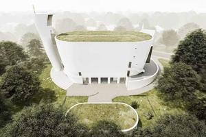 An architectural rendering shows the planned Church of the Holy Trinity in Neratovice, Czech Republic. The Noah’s Ark-inspired design by architect Zdeněk Fránek features a green roof and may become the world’s largest 3D-printed church. 