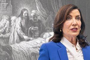New York Gov. Kathy Hochul. Background: “Christ Raises Jairus’ Daughter,” Phillip Medhurst Collection of Bible Illustrations