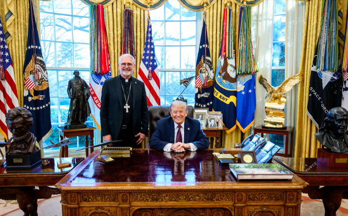 Archbishop Paul Coakley of Oklahoma City, president of the U.S. Conference of Catholic bishops, meets with President Donald Trump on Jan. 12, 2026. 