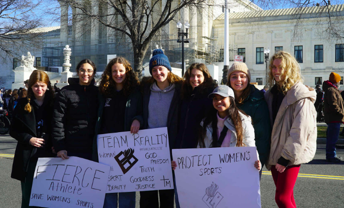 The Christendom College Women’s Basketball team, with Mary Pennefather, third from left, voices opinions on women’s sports at the U.S. Supreme Court on Jan. 13, 2026. 