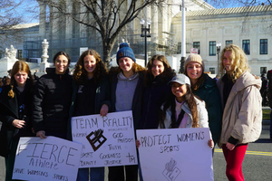 The Christendom College Women’s Basketball team, with Mary Pennefather, third from left, voices opinions on women’s sports at the U.S. Supreme Court on Jan. 13, 2026. 