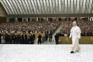 Pope Leo XIV gives the first general audience of 2026 in the Vatican's Paul VI Hall on Jan. 7, 2026. 