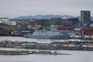 The HDMS Niels Juel (F363) warship, an Iver Huitfeldt-class frigate of the Royal Danish Navy, is moored in Nuuk, Greenland, on June 15, 2025. 