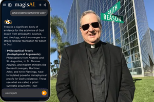 L to R: MagisAI; Jesuit Father Robert Spitzer, president of the Magis Center and a popular EWTN host