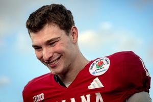 Indiana quarterback Fernando Mendoza celebrates the Hoosiers’ victory over Alabama in the Rose Bowl on Thursday, Jan. 1, in Pasadena, California.