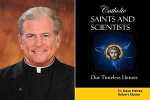 Father Dave Heney and the cover of ‘Catholic Saints and Scientists’