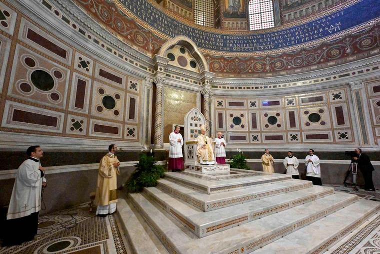Pope Leo XIV sits in the cathedral of Rome, the Archbasilica of St. John Lateran, a symbol of his authority as bishop of Rome, May 25, 2025.