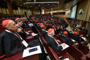 Cardinals meet with Pope Leo XIV in the third session of the consistory on Jan. 8, 2025, at the Vatican. 