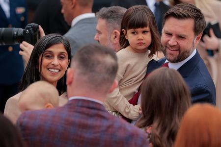 Vice President JD Vance (R) and second lady Usha Vance (L) attend the 78th annual National Thanksgiving Turkey Presentation and pardoning with their daughter Mirabel Vance in the Rose Garden of the White House on Nov. 25, 2025, in Washington.