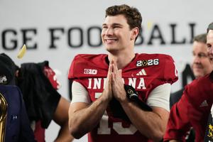 Indiana quarterback Fernando Mendoza (15) reacts after Indiana defeated Miami in the College Football Playoff National Championship game on Jan. 19, 2026, in Miami Gardens, Florida. 