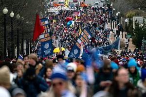 Marchers make their way past the U.S. Capitol Building as people attend the annual March for Life on Jan. 24, 2025, in Washington, D.C.