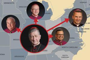 L to R: Archbishops Michael McGovern of Omaha,  Jeffrey Grob of Milwaukee and Robert Casey of Cincinnati and New York Archbishop-designate Ronald Hicks, with Chicago Cardinal Blase Cupich in the middle