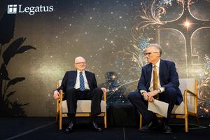 Retired CIA Chief of Counterintelligence James Olson (left) at the Legatus Summit at the Ritz-Carlton Bacara in Santa Barbara, California, on Jan. 31, 2026, with Ken Darnell, vice president of strategic development for Legatus.