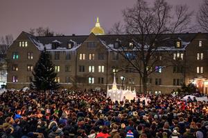 Holy Cross Father Pete McCormick celebrates Mass Feb. 2, 2026, on the North Quad in front of the ‘St. Olaf Ice Chapel’ built by students.