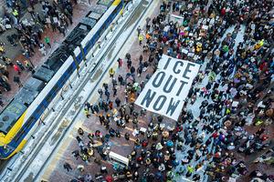 In an aerial view demonstrators gather to march, calling for an end to ICE operations in Minnesota, on Jan. 30, 2026, in Minneapolis.