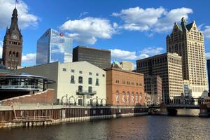 A view of the city skyline and the Milwaukee River in Milwaukee, Wisconsin.