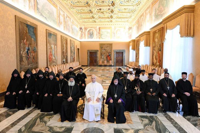 Pope Leo XIV meets with young priests and monks representing the Eastern Orthodox Churches at the Vatican on Feb. 5, 2026. 
