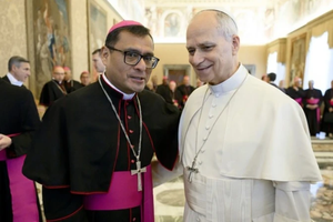 The current bishop of Chiclayo, Edinson Farfán Córdova, greets Pope Leo XIV during the 2026 ad limina visit.