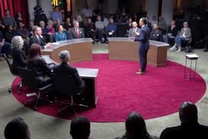 Panelists take part in a discussion on life issues during a taping of PBS’ ‘Breaking the Deadlock’ in New York.