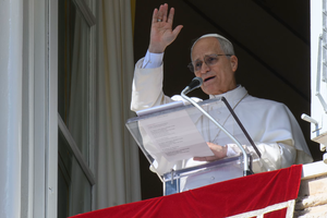 Pope Leo XIV addresses pilgrims gathered for the Angelus in St. Peter’s Square at the Vatican on Feb. 15, 2026. 
